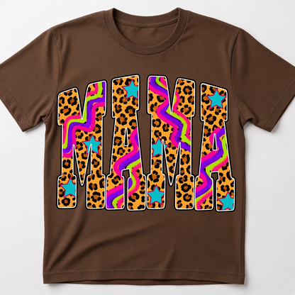 Mama Graphic T-Shirt – Colorful Leopard Print and Retro Wave Design