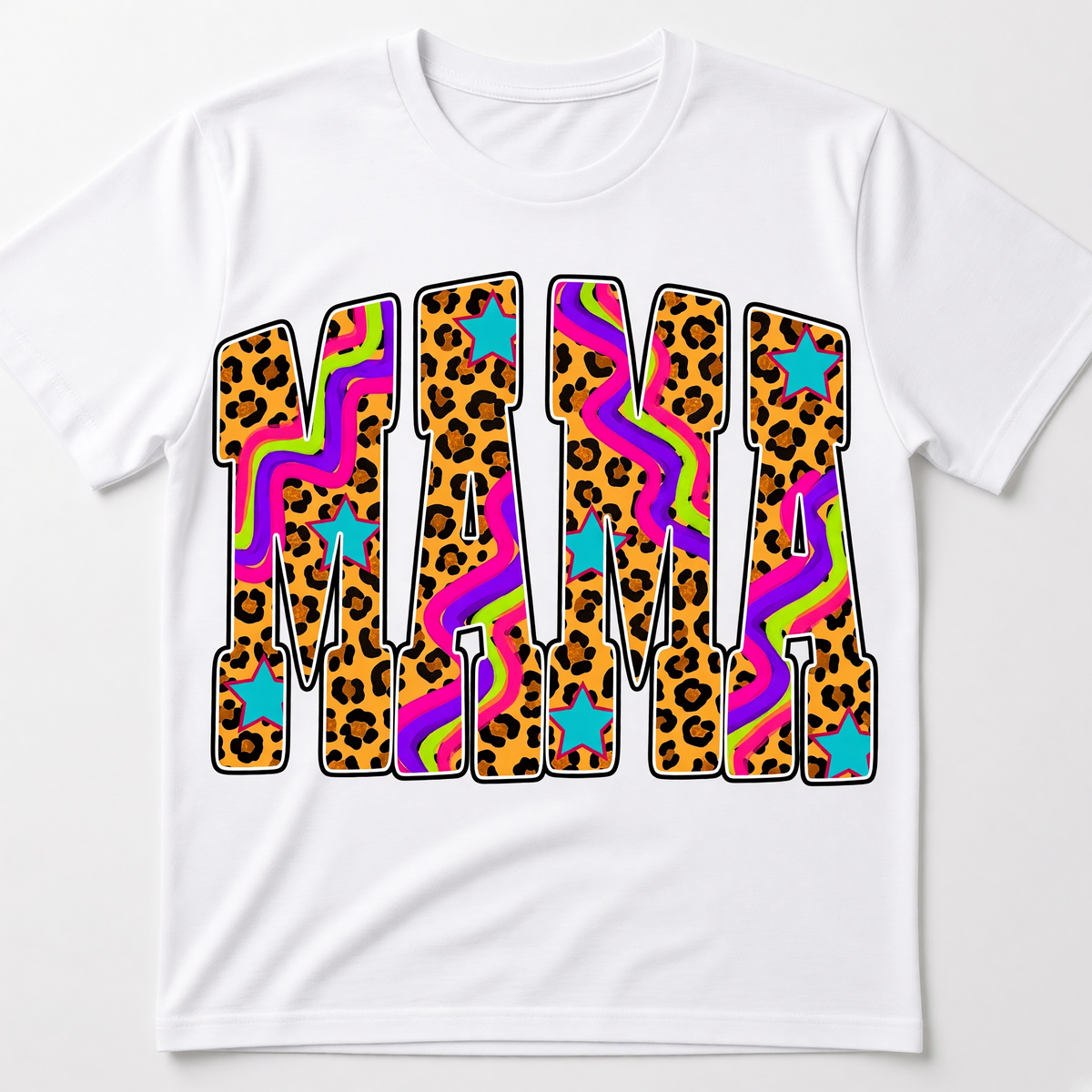 Mama Graphic T-Shirt – Colorful Leopard Print and Retro Wave Design