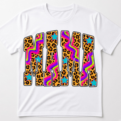 Mama Graphic T-Shirt – Colorful Leopard Print and Retro Wave Design
