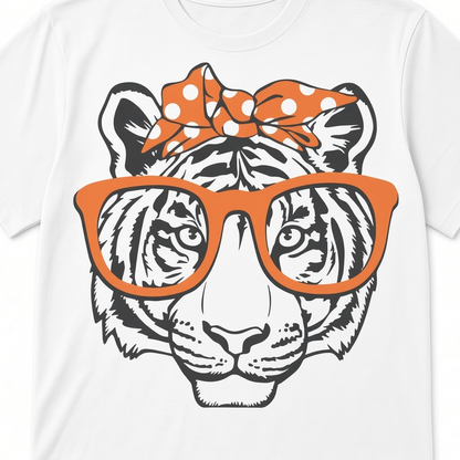 Tiger Graphic T-Shirt – Orange Glasses and Polka-Dot Bow Design