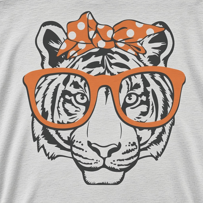 Tiger Graphic T-Shirt – Orange Glasses and Polka-Dot Bow Design