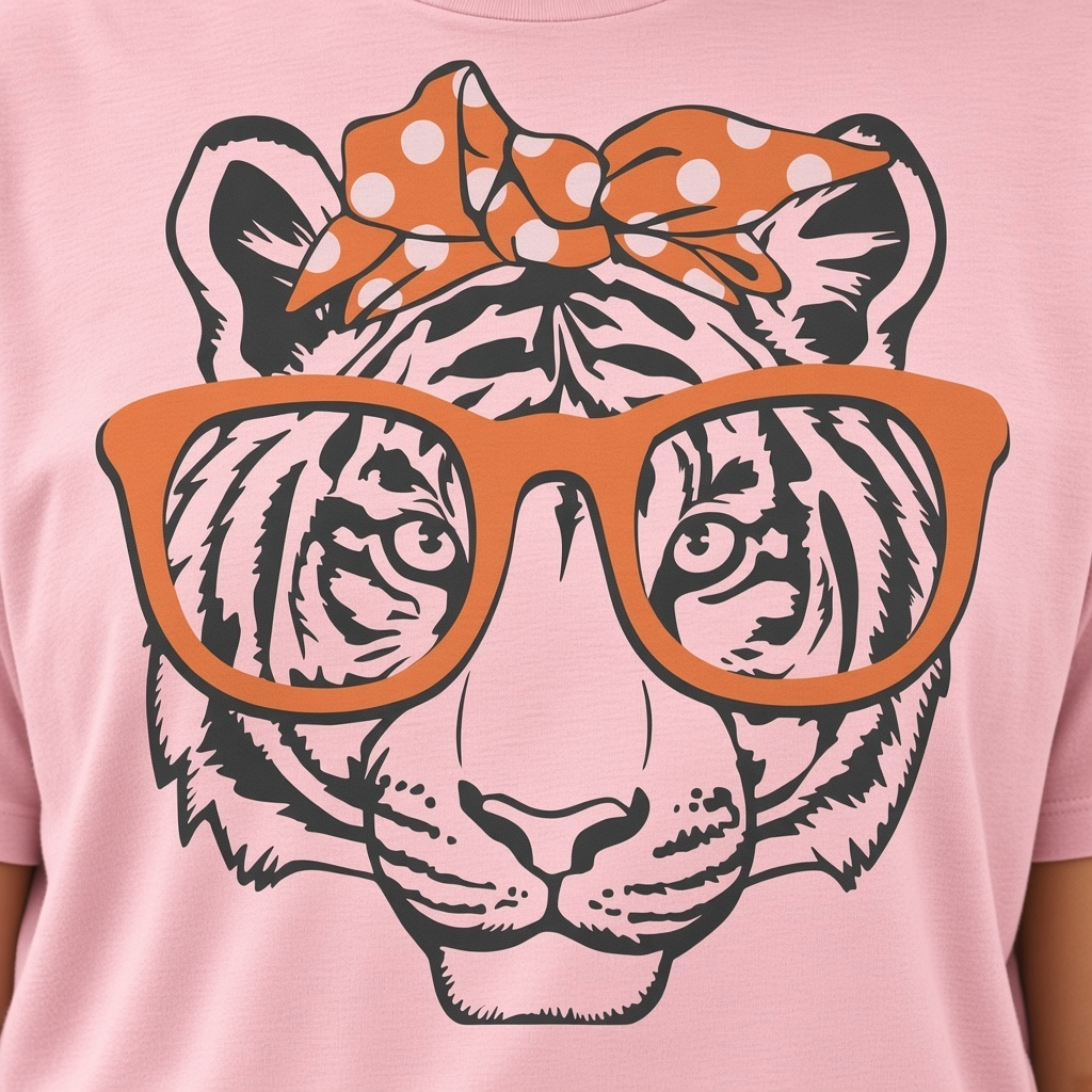 Tiger Graphic T-Shirt – Orange Glasses and Polka-Dot Bow Design