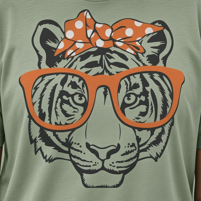 Tiger Graphic T-Shirt – Orange Glasses and Polka-Dot Bow Design