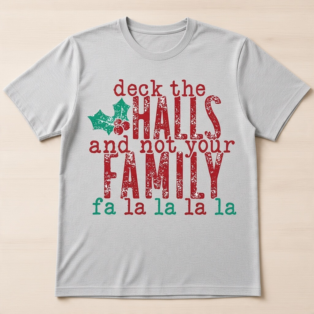 Deck the Halls and Not Your Family T-Shirt – Funny Christmas Graphic Tee