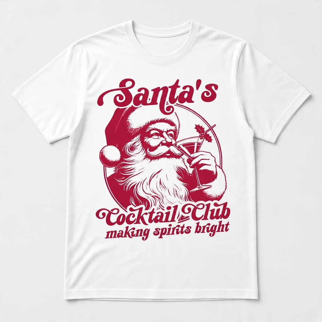 Santa’s Cocktail Club Christmas T-Shirt – Making Spirits Bright Graphic Tee