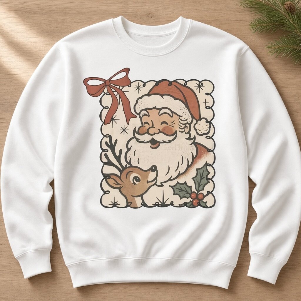 Vintage-Inspired Santa and Reindeer Christmas Sweatshirt – White
