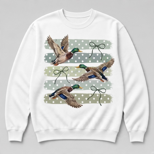 Mallard Duck and Bow Graphic Crewneck Sweatshirt – White