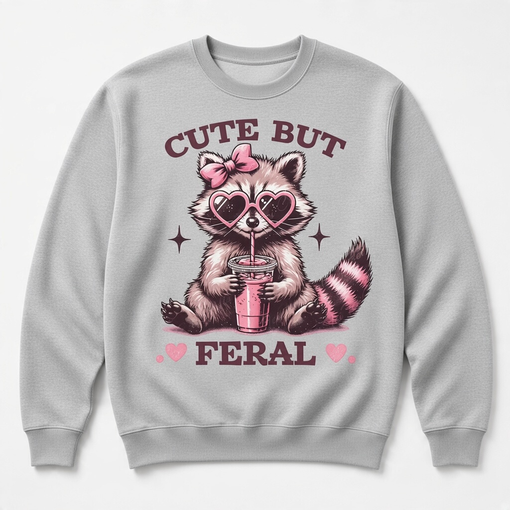 Cute But Feral Raccoon Graphic Sweatshirt – Gray