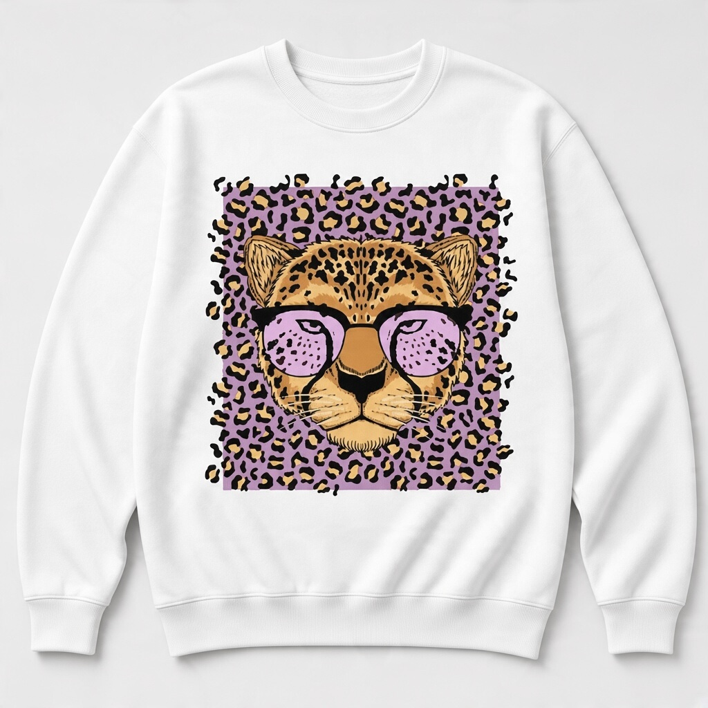 Leopard Graphic Sweatshirt with Purple Sunglasses – White
