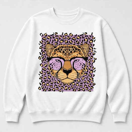 Leopard Graphic Sweatshirt with Purple Sunglasses – White
